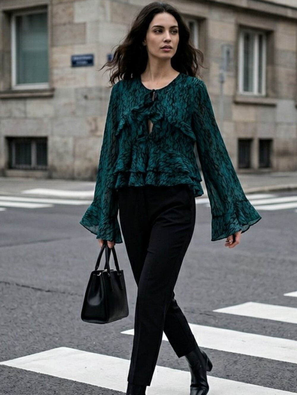Misa Los Angeles Damaris Ruffle Blouse in Emerald Snake Print Sheer Large